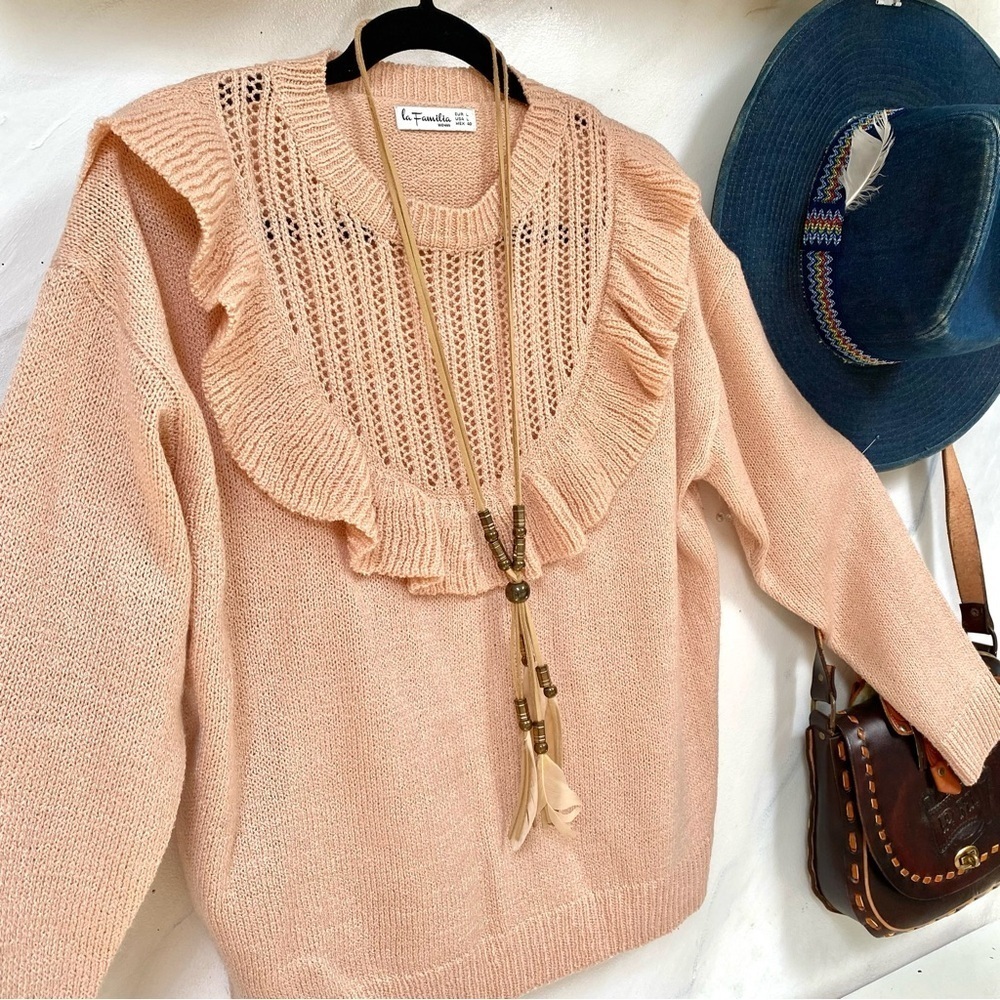 Ruffled boho knit sweater w prairie shabby chic farmhouse vibe